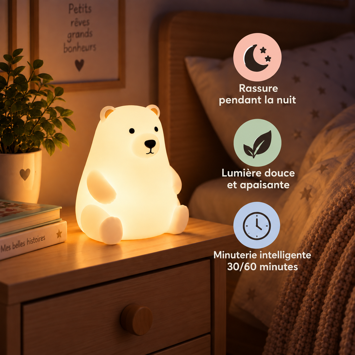 Veilleuse Ours Blanc Silicone LED Tactile