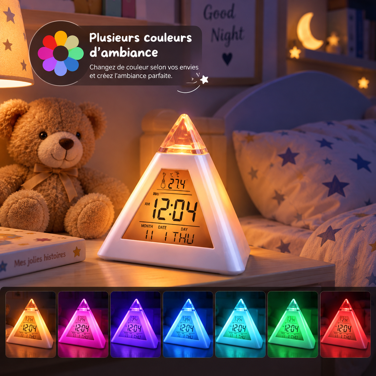 Réveil Enfant Pyramide 7 Couleurs