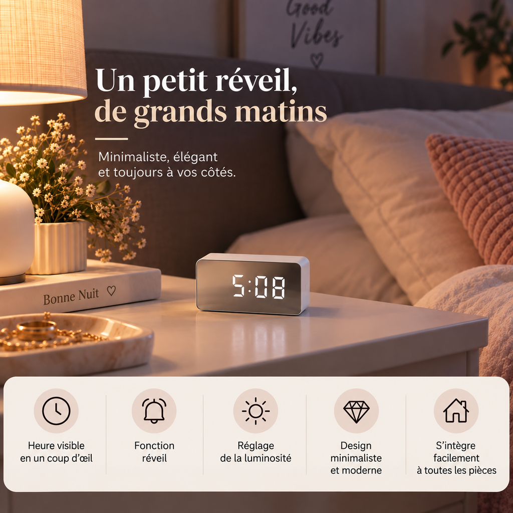 Réveil Miroir Blanc avec Fonction Snooze