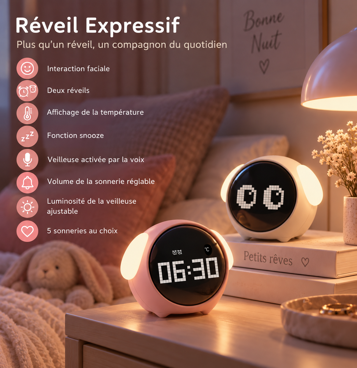 Réveil Enfant style Pixel avec Veilleuse