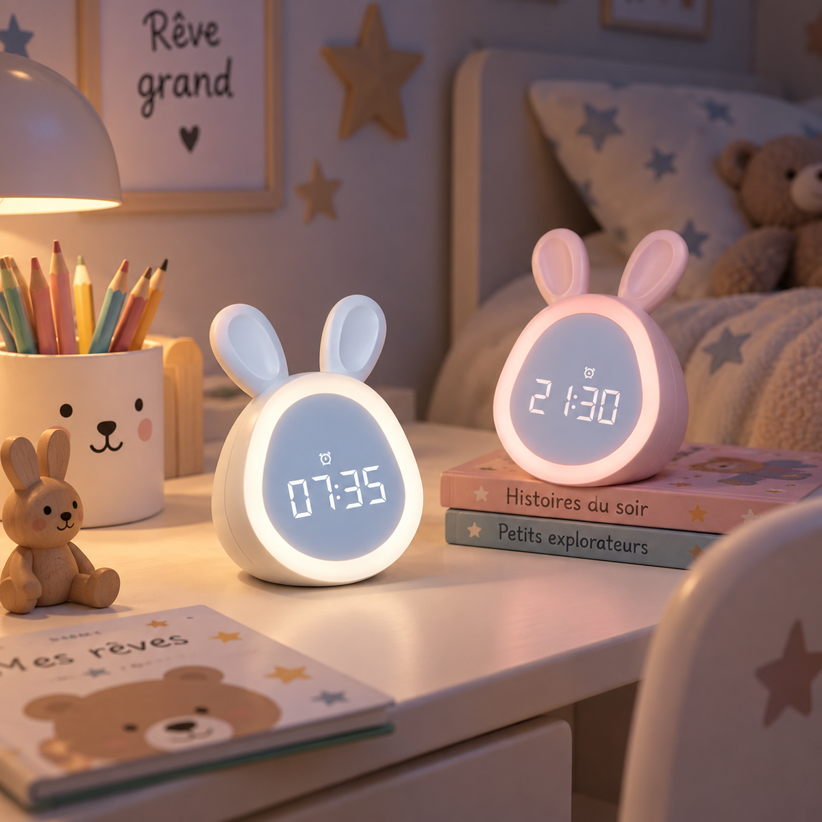 Réveil Lapin Mini et Veilleuse Vocale