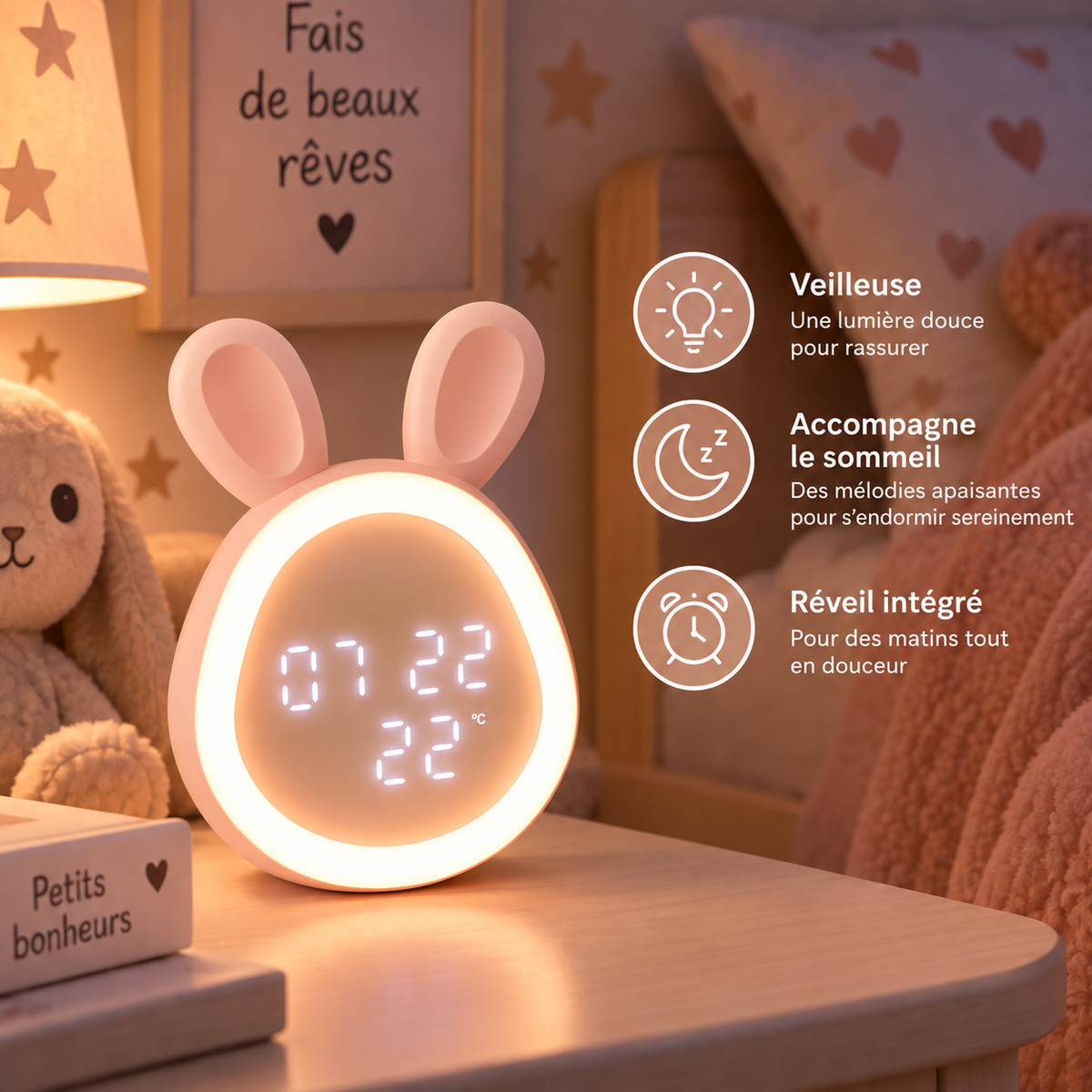 Réveil Lapin Mini et Veilleuse Vocale
