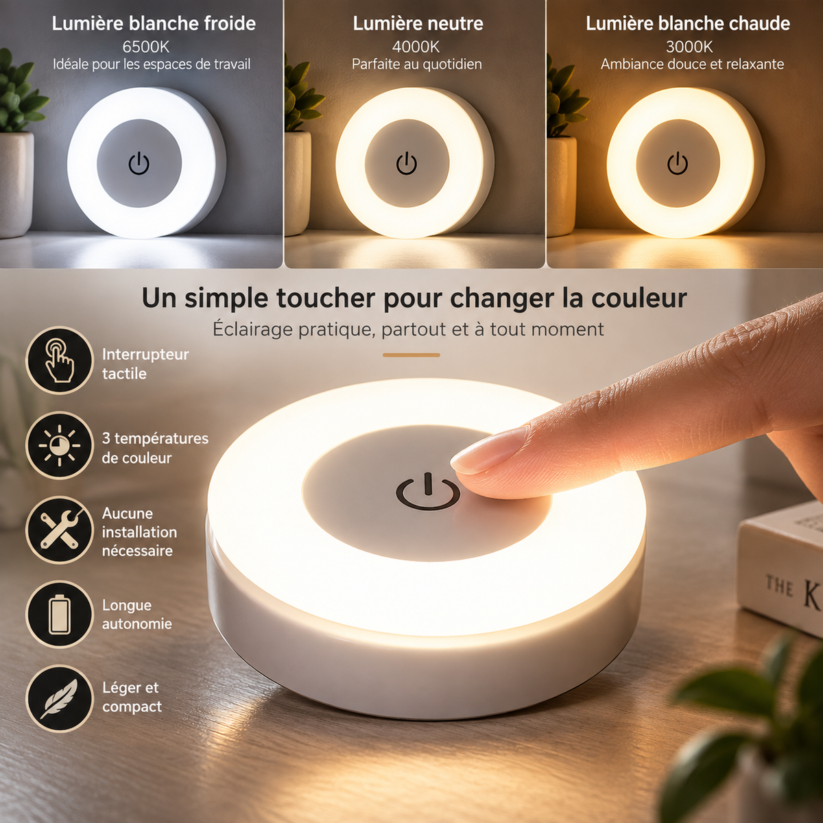 Lot de 4 Veilleuses Rondes Tactiles Magnétiques