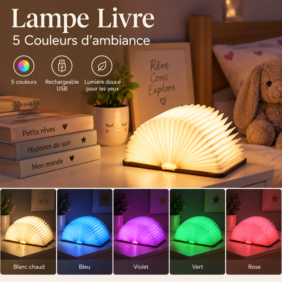 Veilleuse Lampe Livre 3D Pliable