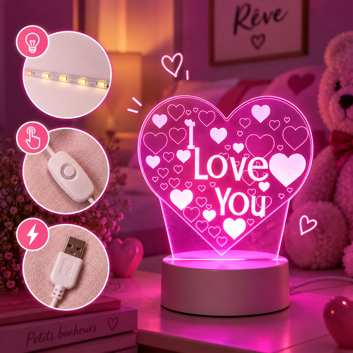 Veilleuse Cœur 3D "I Love You" Rose