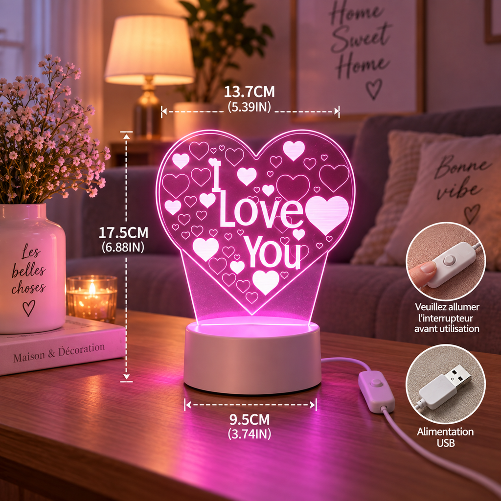 Veilleuse Cœur 3D "I Love You" Rose