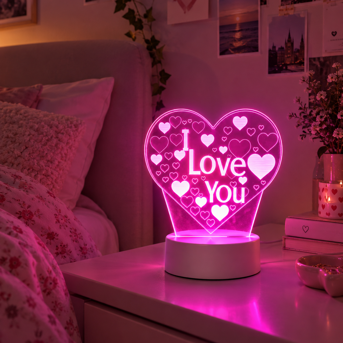 Veilleuse Cœur 3D "I Love You" Rose