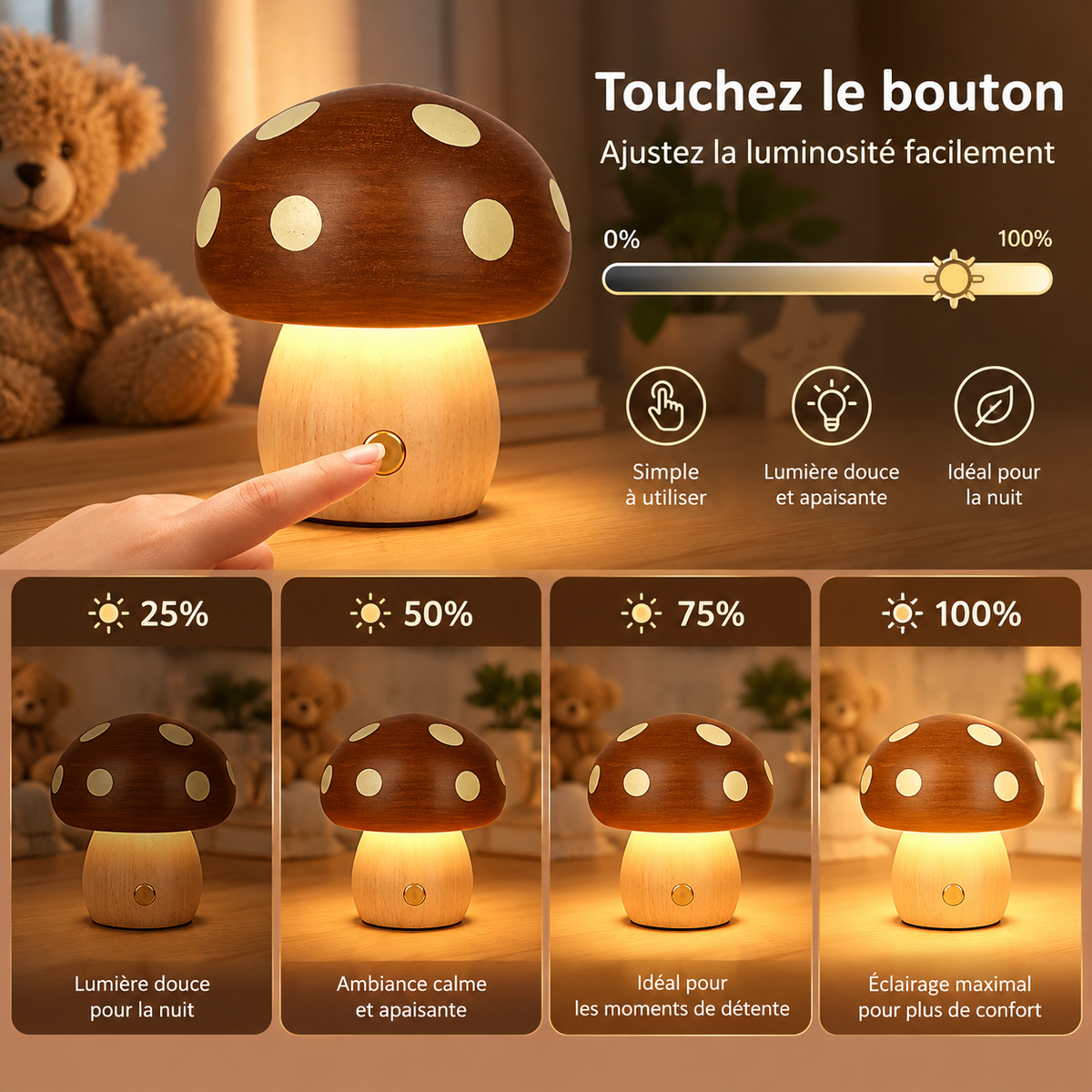 Veilleuse Champignon a pois Bois Massif