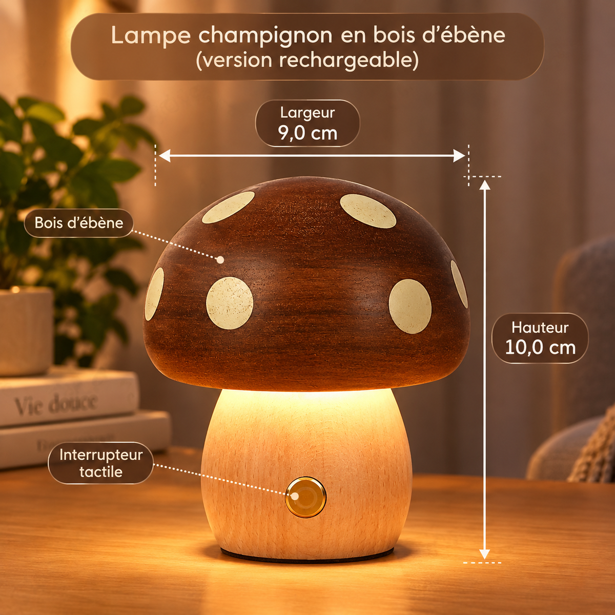 Veilleuse Champignon a pois Bois Massif