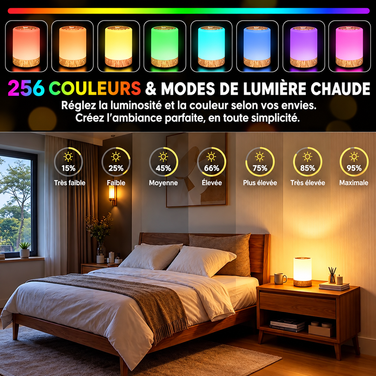 Veilleuse Effet Bois LED Tactile 256 Couleurs